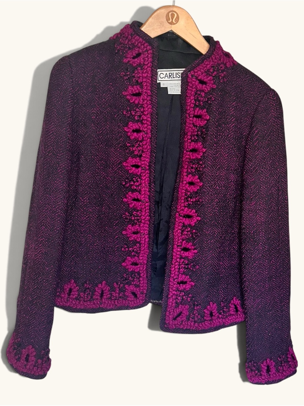 Vintage Carlisle Wool Embroidered Jacket Purple Pink Open Front Blazer 6